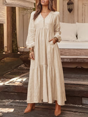  Solid Button Up V Neck Smock Maxi Dress