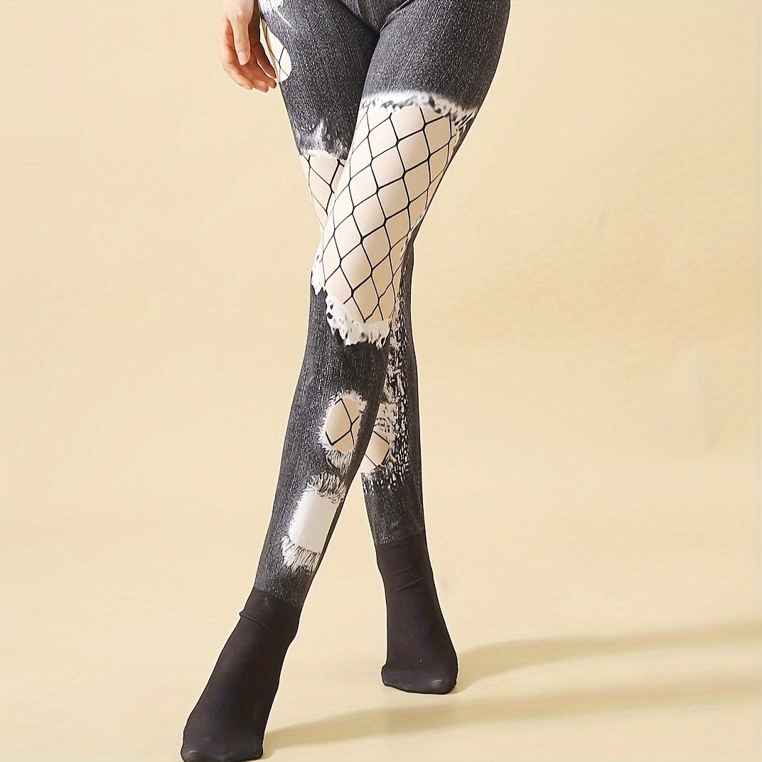 Denim Print High Waist Slim Pantyhose Women's Stockings