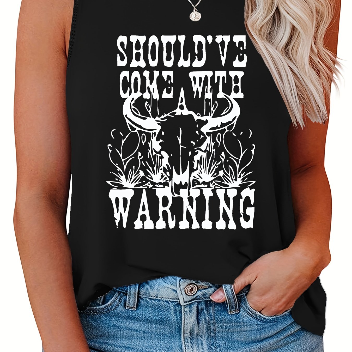  Women's Slogan & Cow Print Tank Top