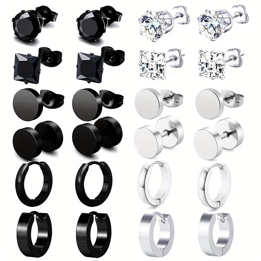 12pairs Steel Ear Studs Unisex Earrings Men Women