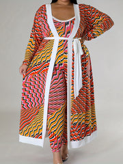  Colorblock Striped Cardigan & Jumpsuit Set
