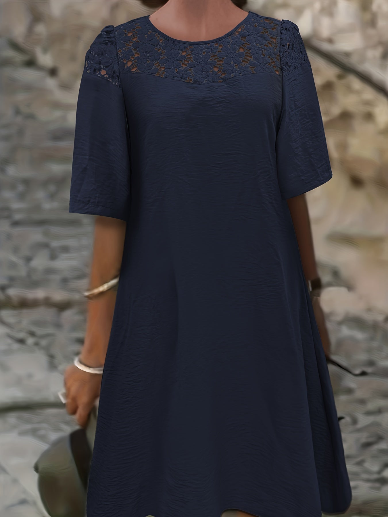  Casual Dress Women's Plus Solid Contrast Lace Short Sleeve Dress