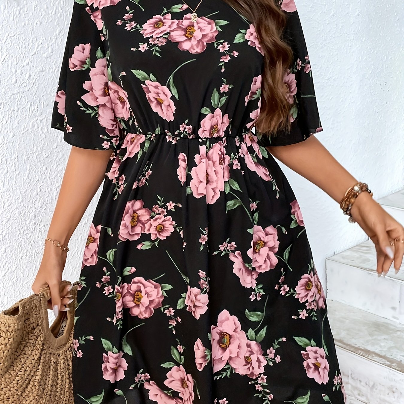 Floral Print Plus Size Short Sleeve Dress