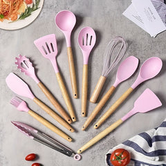 12pcs Silicone Kitchen Utensil Set with Wooden Handle