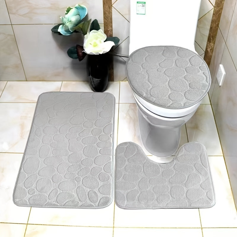 3pcs Cobblestone Bath Mat Sets Non-Slip U-Shaped Bathroom Rugs Toilet Mats