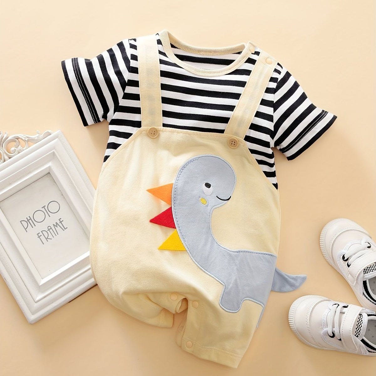 Newborn Dino Embroidered Suspender Romper Cotton Stripe Jumpsuit