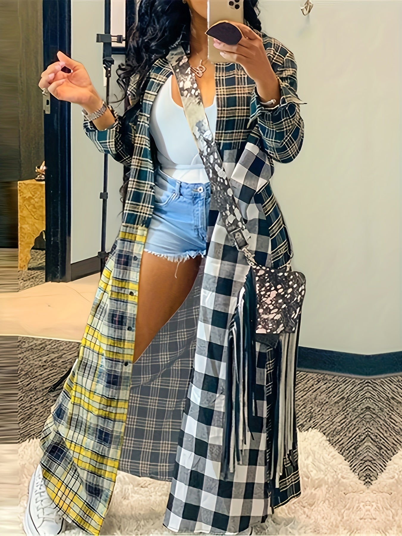  Plaid Print Button Up Long Sleeve Maxi Shirt Coat