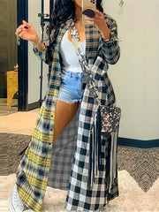  Plaid Print Button Up Long Sleeve Maxi Shirt Coat