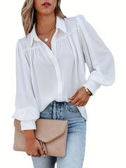  Solid Button Up Lantern Sleeve Blouse