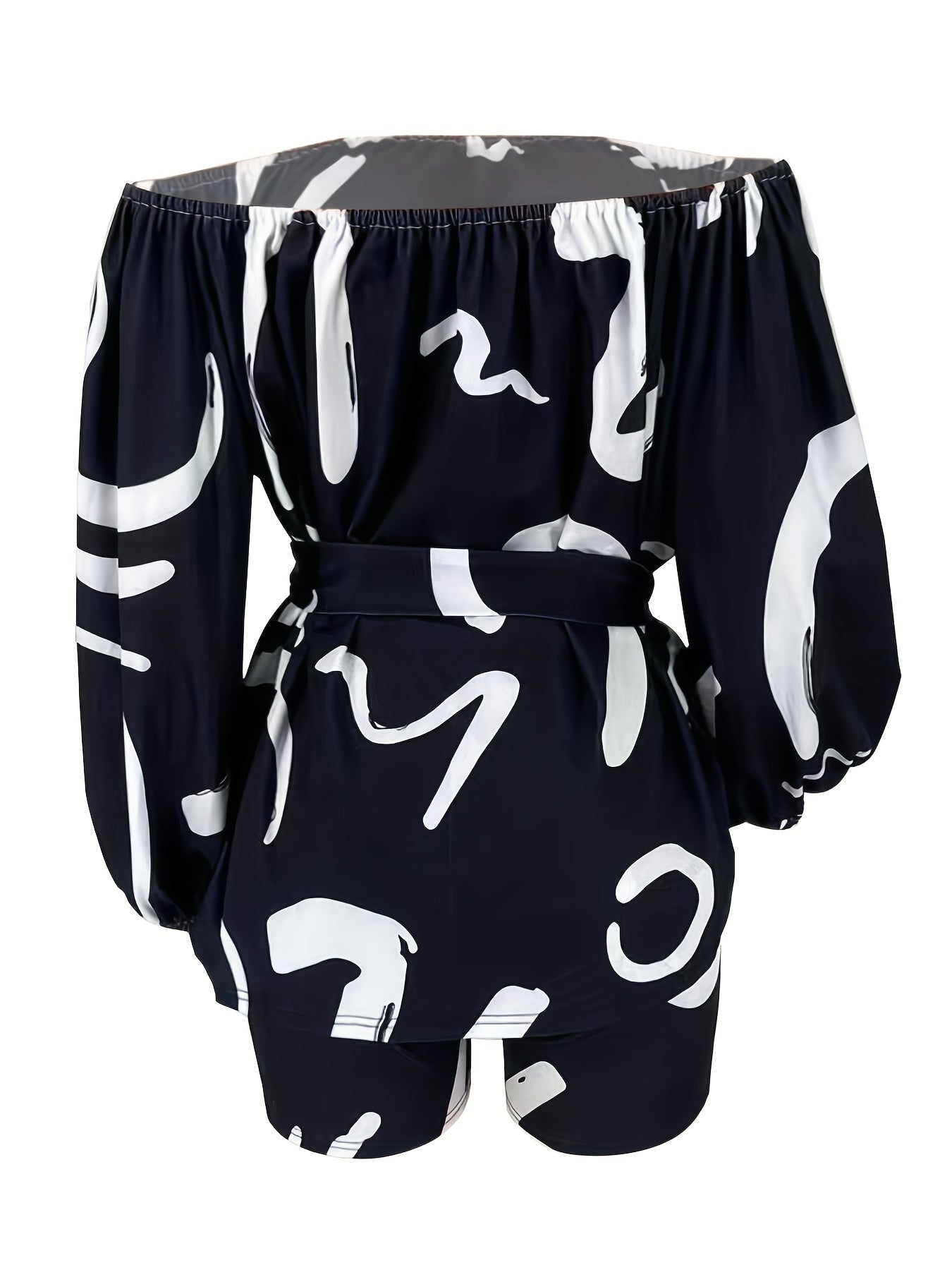 Geometric Print Front Tie Two Pieces Set Off Shoulder Tie Waist Blouse & Shorts