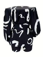 Geometric Print Front Tie Two Pieces Set Off Shoulder Tie Waist Blouse & Shorts