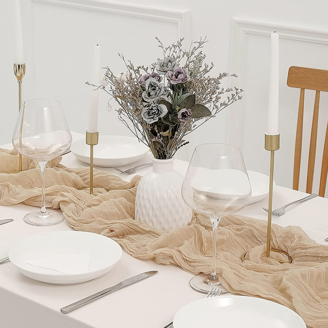 Polyester Table Runner Beige Balinese Pleated Solid Table Cover