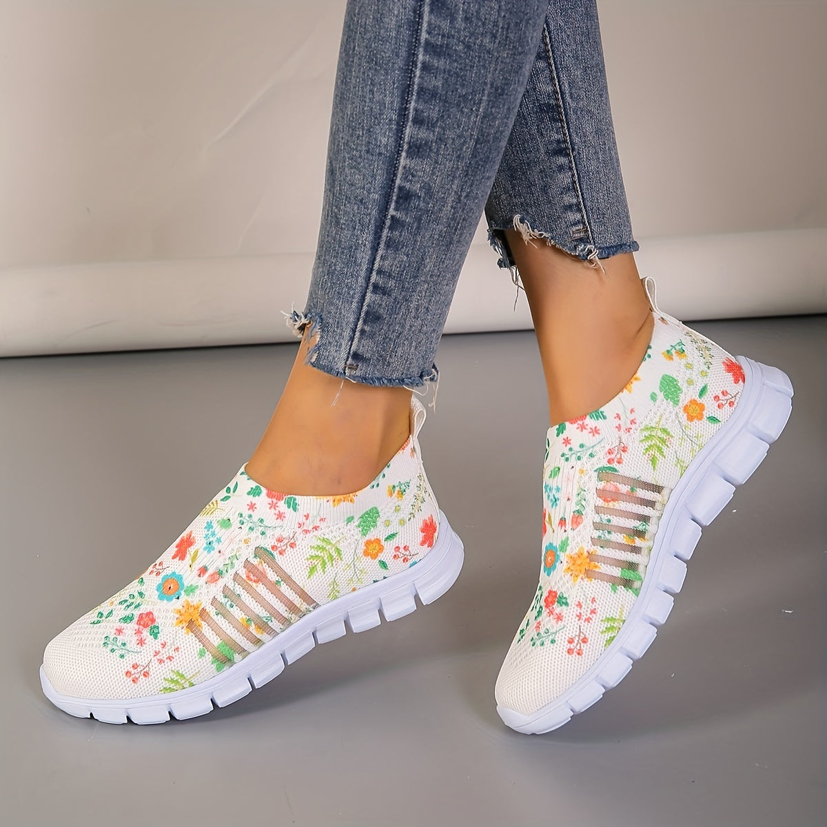 Floral Print Sock Shoes Low Top Slip On Comfy Running Shoes