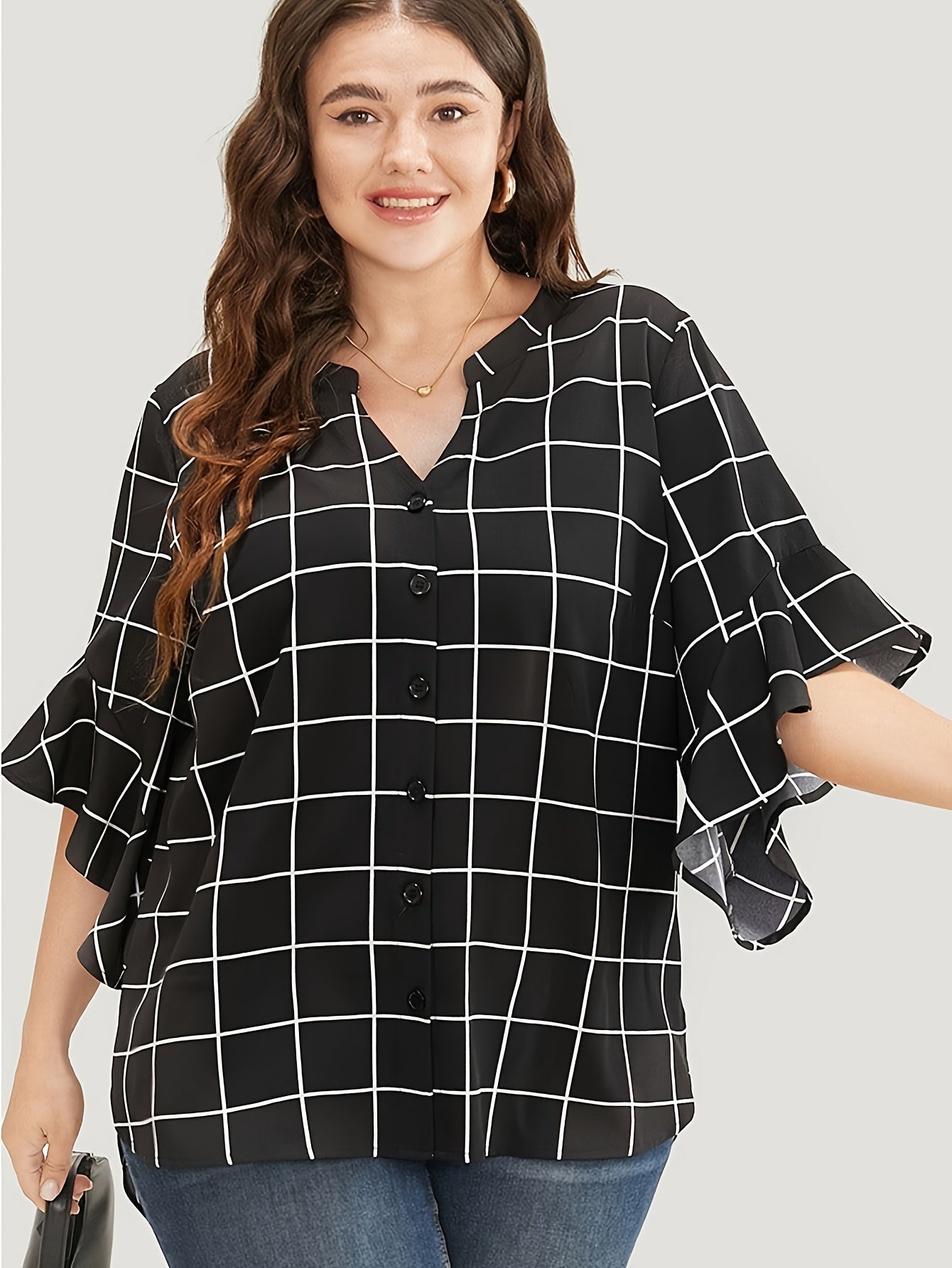  Grid Print Bell Sleeve Blouse