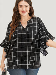  Grid Print Bell Sleeve Blouse