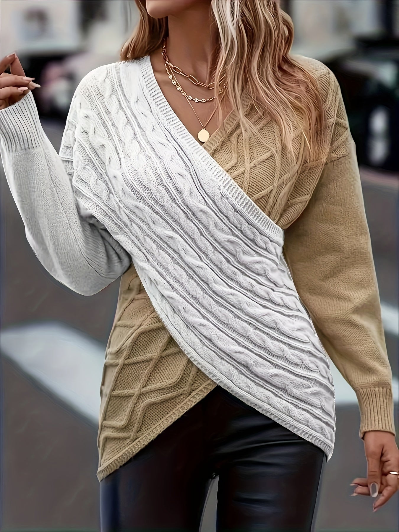  Colorblock Cross Wrap Cable Knit Sweater