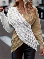  Colorblock Cross Wrap Cable Knit Sweater
