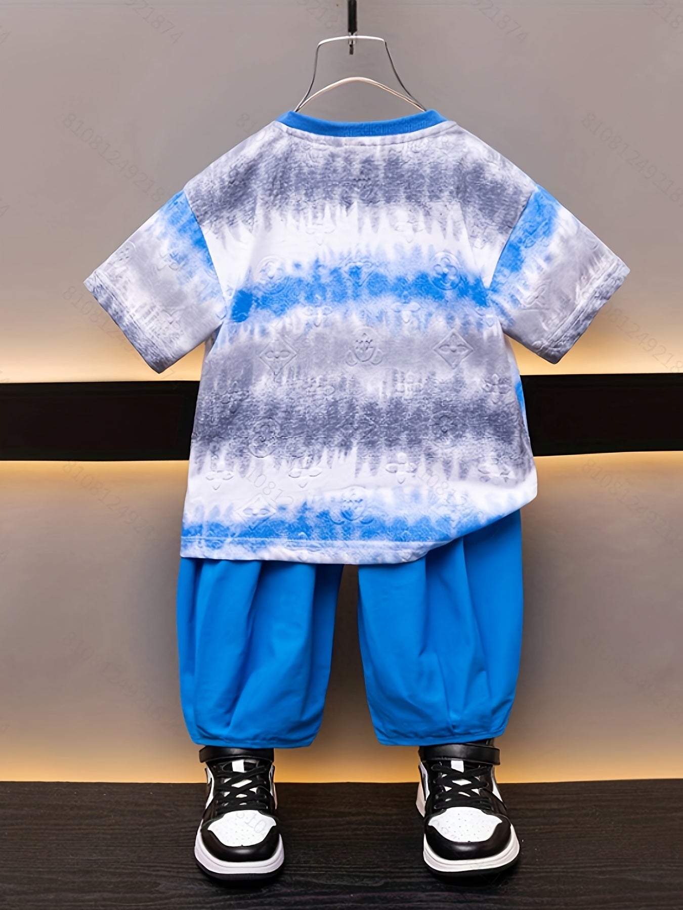 2pcs Boys Block Short Sleeve T shirt&Solid Long Pants Set for Spring Summer