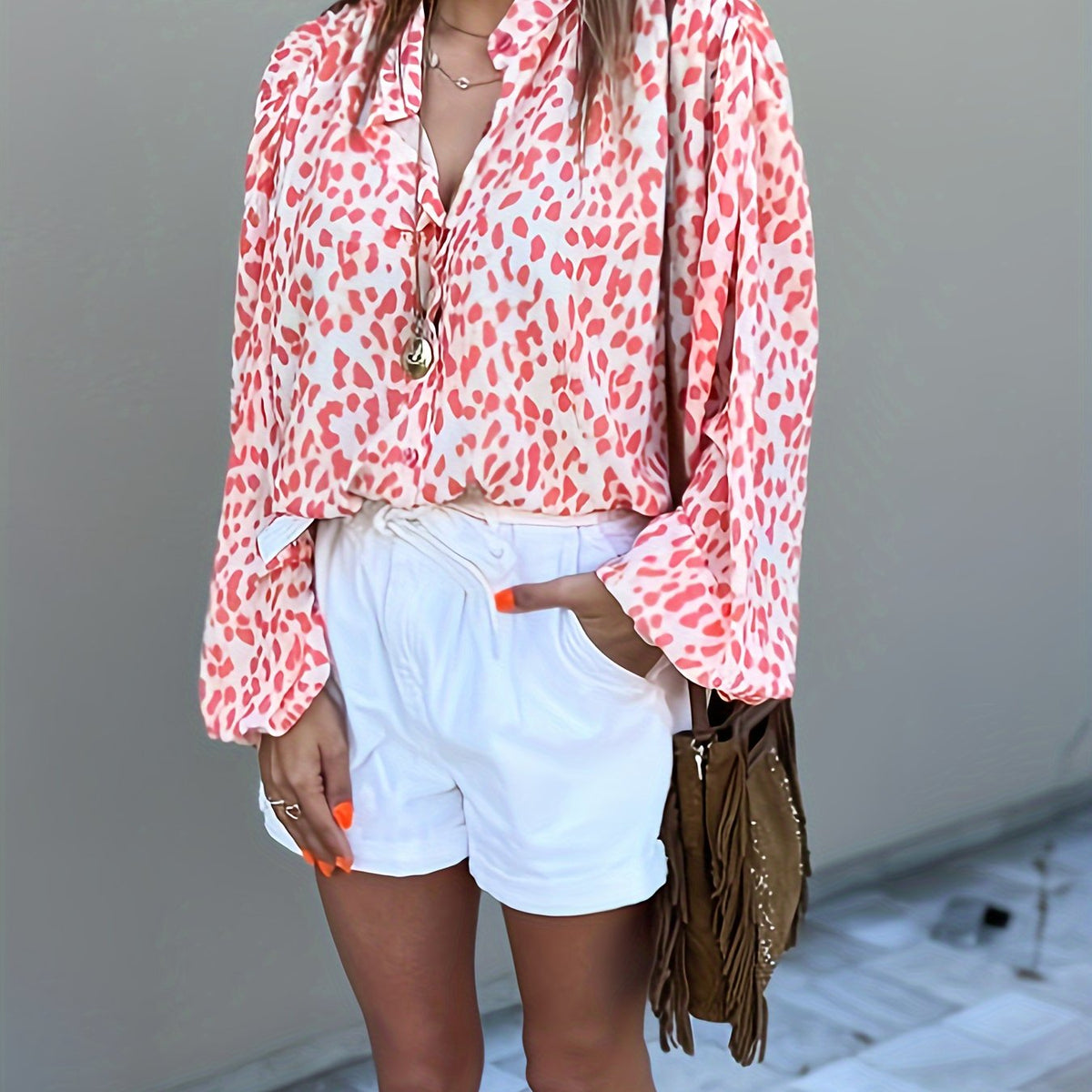  Casual Blouse Women's Plus Dalmatian Print Lantern Sleeve
