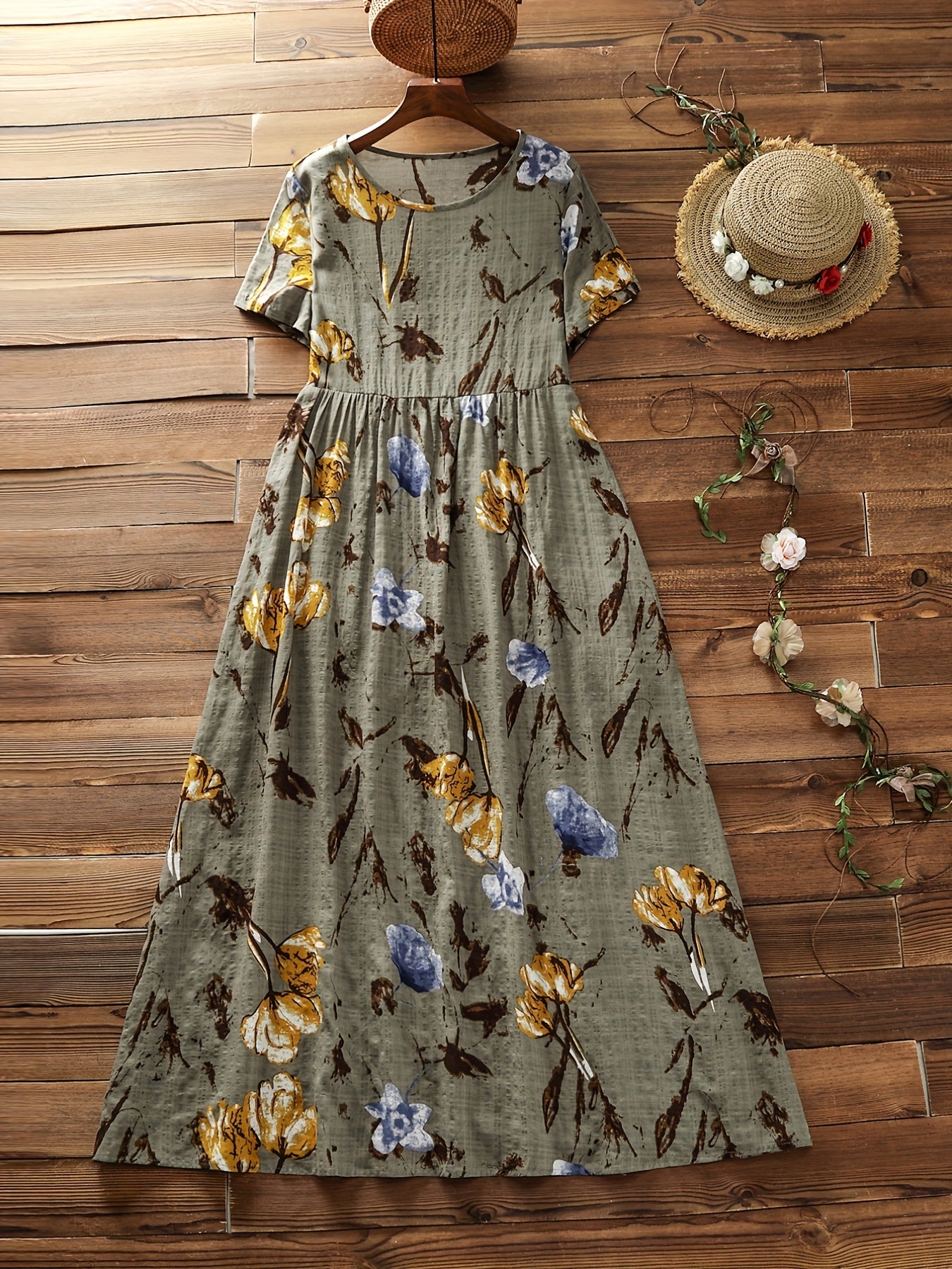  Casual Dress Women's Plus Floral Print Short Sleeve Round Neck Dress