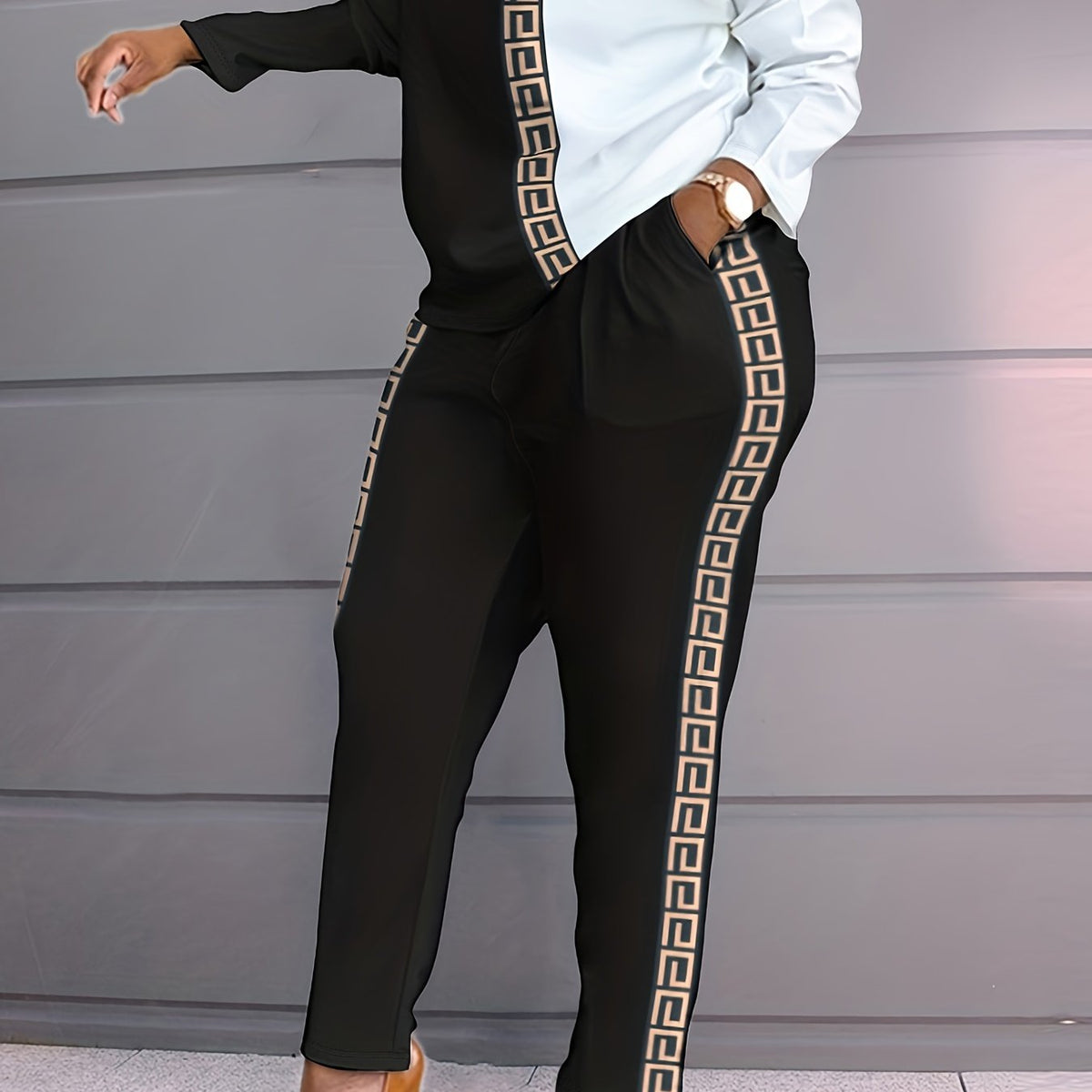 Women's Plus Colorblock Geo Print Top & Pants Set