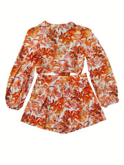 Leaves Print Two-piece Set Tie Front Crop Top & Shorts Outfit