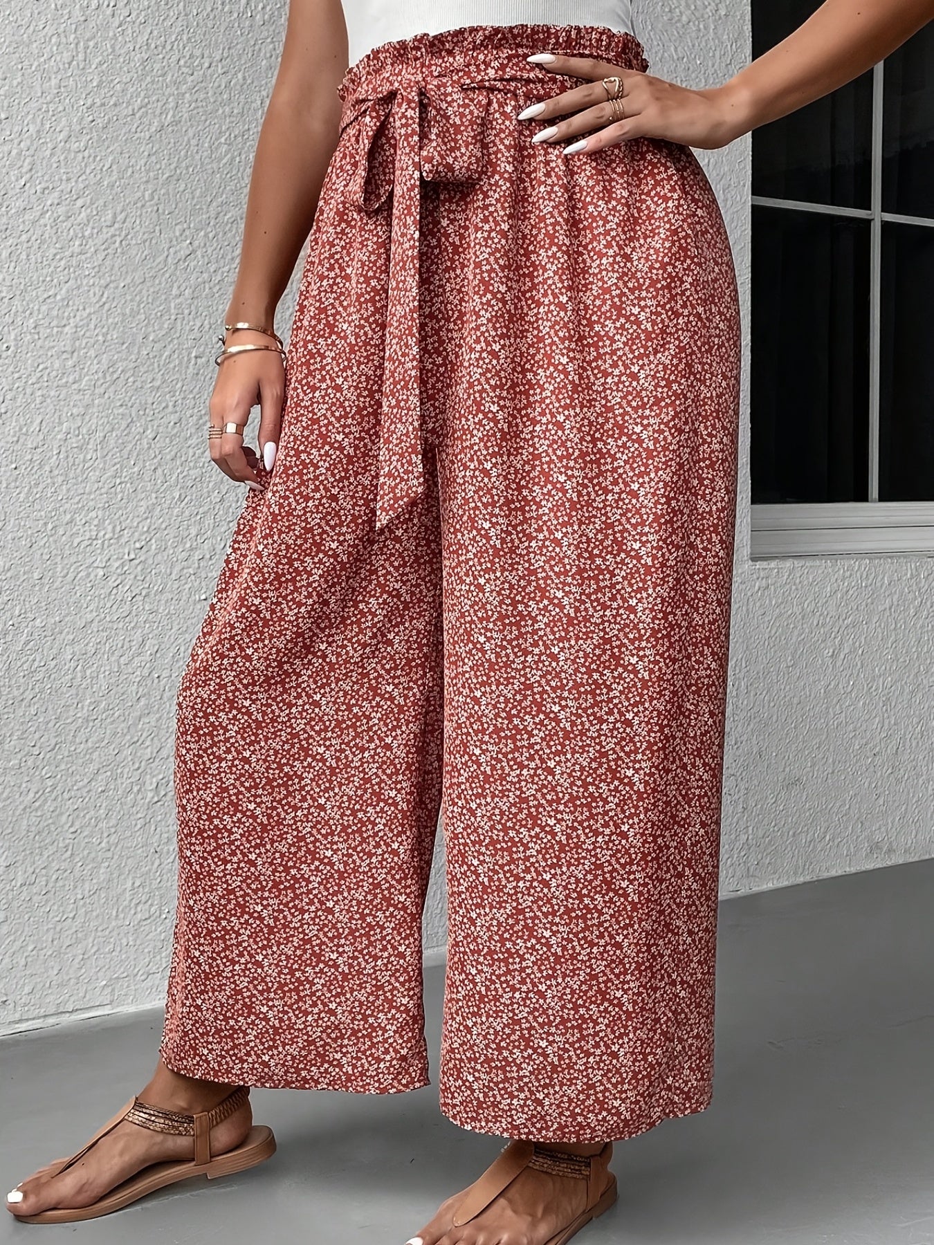  Women's Floral Print Ruffle Wide Leg Pants