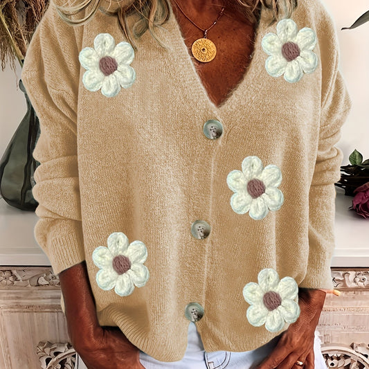  Casual Cardigan Women's Plus Floral Patch Button Decor