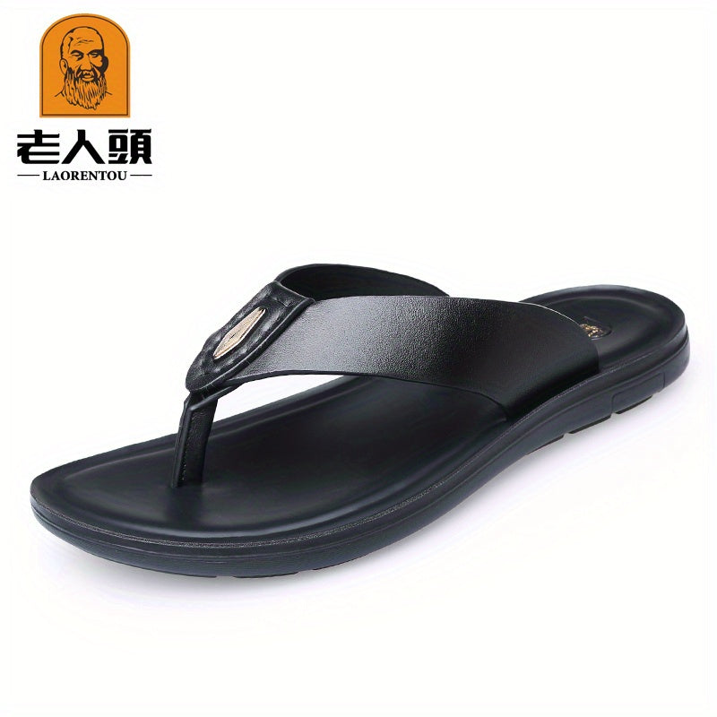 LAORENTOU Men's Leather Flip Flops Arch Support Non Slip Thong Sandals