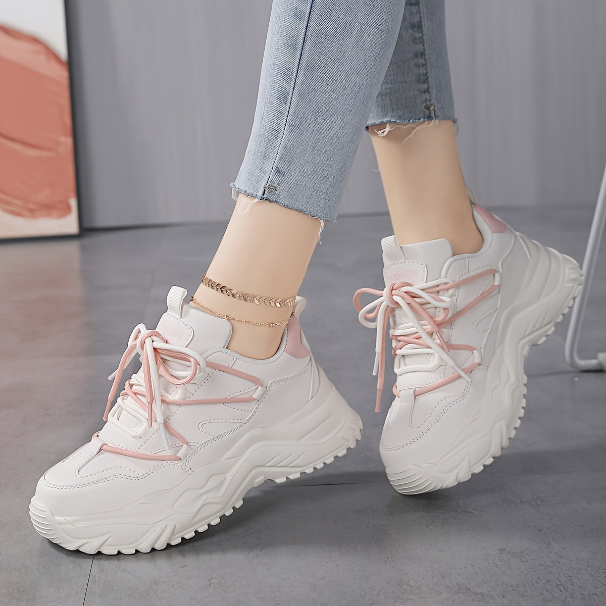 Women's Faux Leather Chunky Sneakers Shock Absorption Shoes