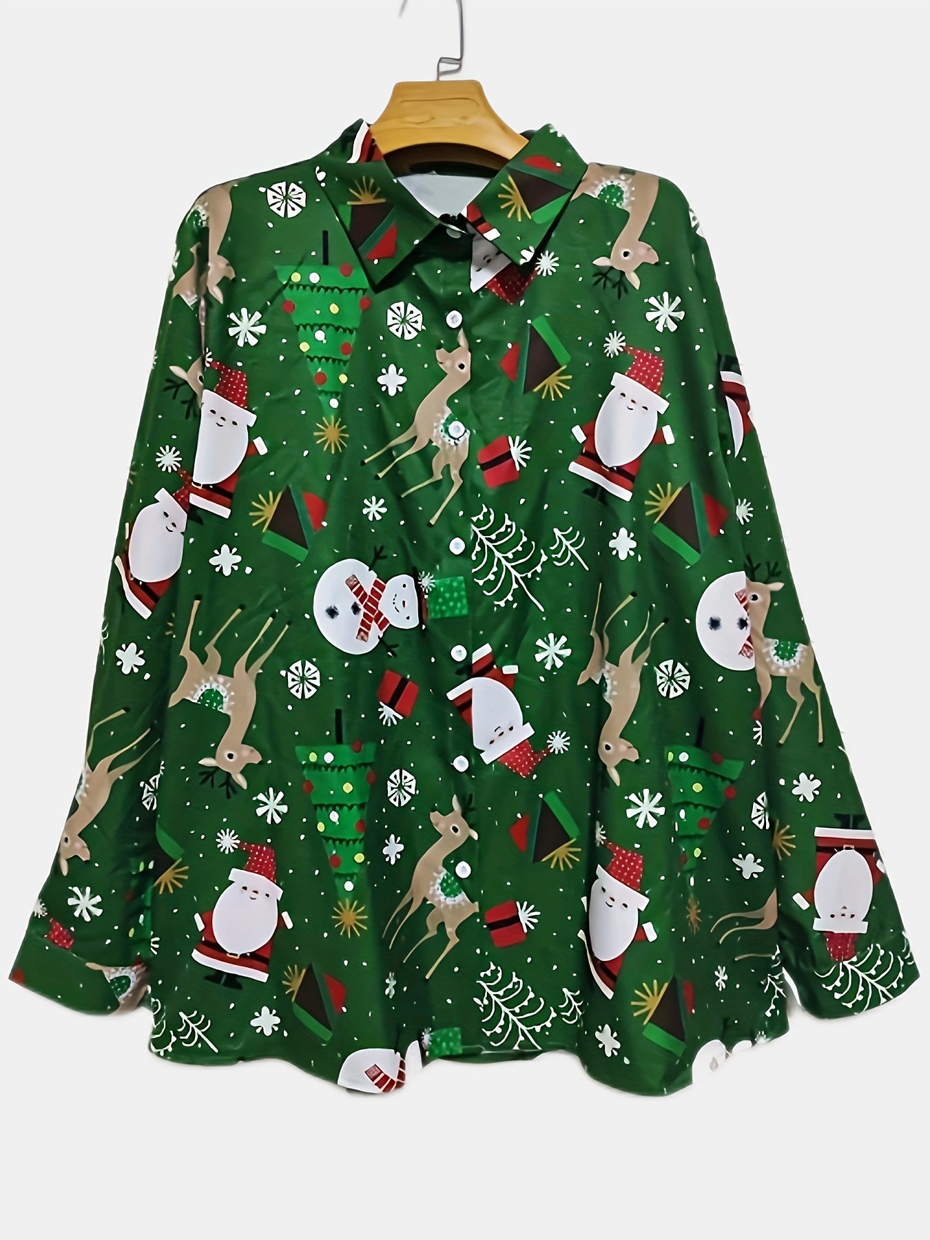  Christmas Casual Blouse Women's Plus Snowman & Elk Print Button Up