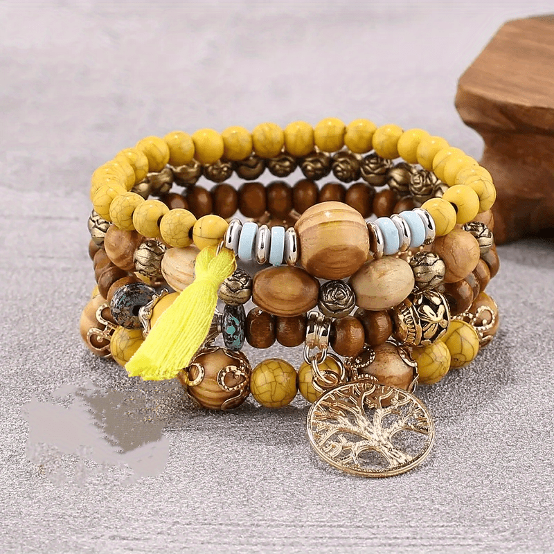 Boho Tree & Tassel Charm Beaded Bracelet Set