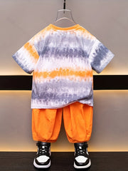 2pcs Boys Block Short Sleeve T shirt&Solid Long Pants Set for Spring Summer