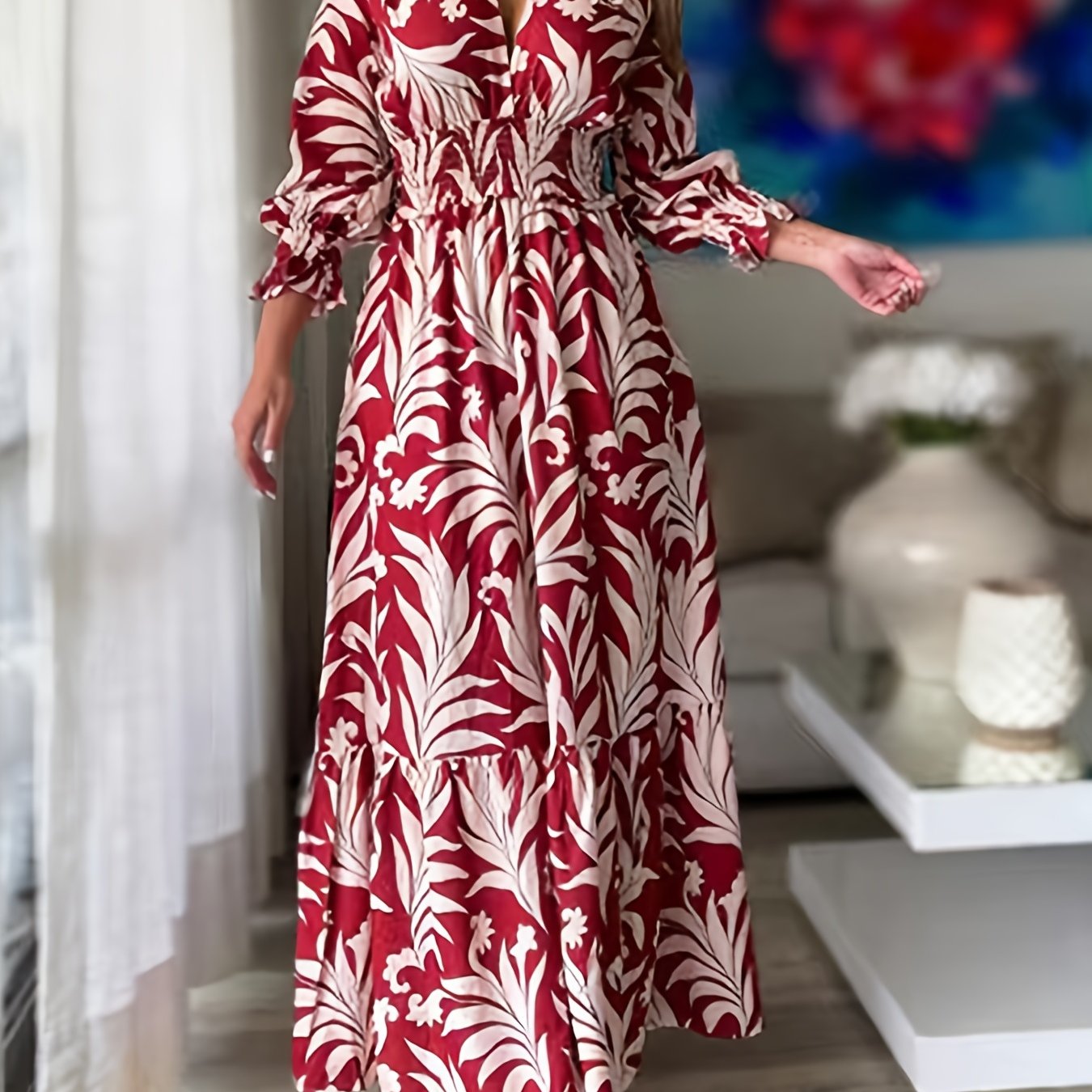 Floral Print Shirred Waist Dress Casual V Neck Long Sleeve