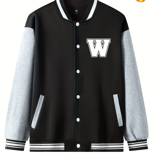 Men's Casual Baseball Jacket W Print Button Fleece Coat Block Outerwear Top