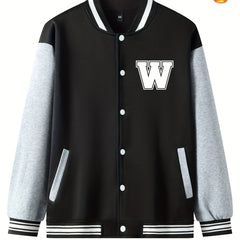 Men's Casual Baseball Jacket W Print Button Fleece Coat Block Outerwear Top