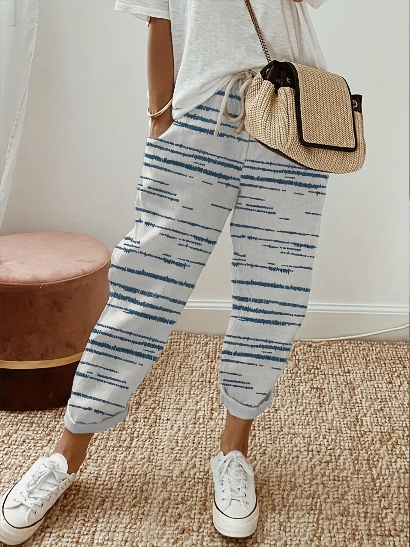  Casual Pants Women's Plus Stripe Print Elastic Drawstring Trousers