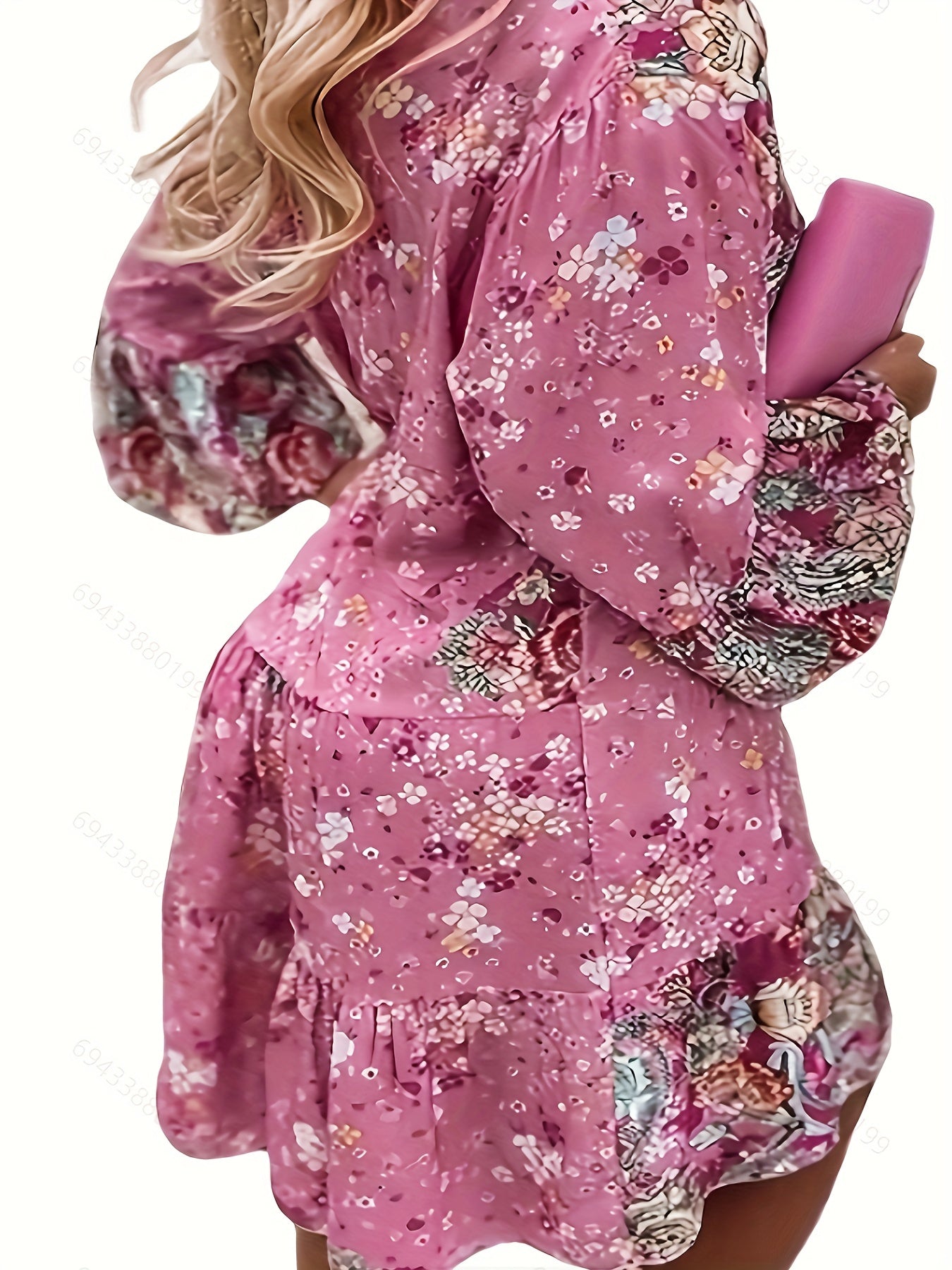  Boho Dress Women's Plus Floral Print Long Sleeve Smock Dress