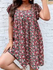  Ditsy Floral Print Butterfly Sleeve Square Neck Mini Dress