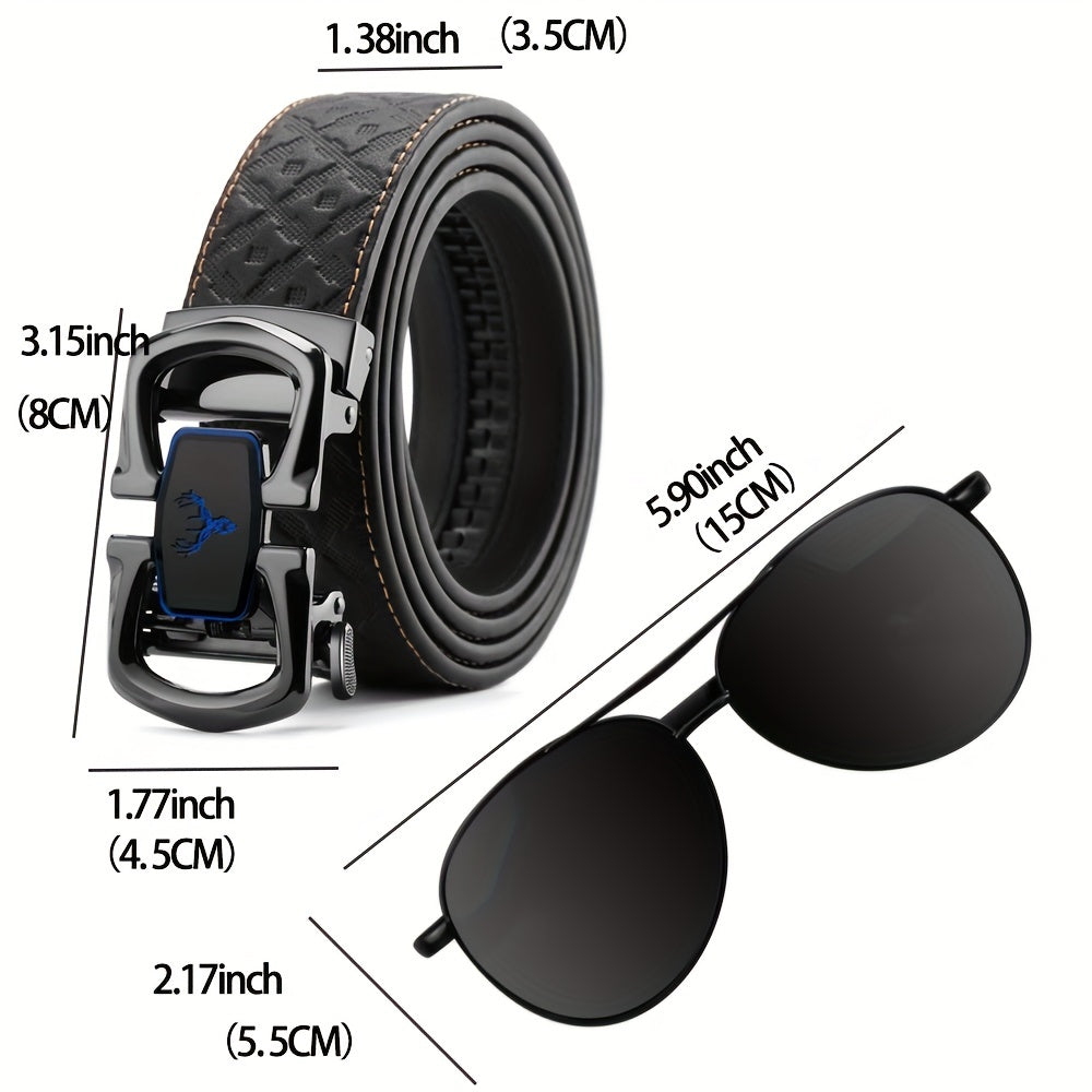 Father's Gift Men's Belt Sunglasses Set Cowhide Belt Automatic Buckle