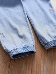 Girl's Embroidered Jeans, Elastic Waist Trousers