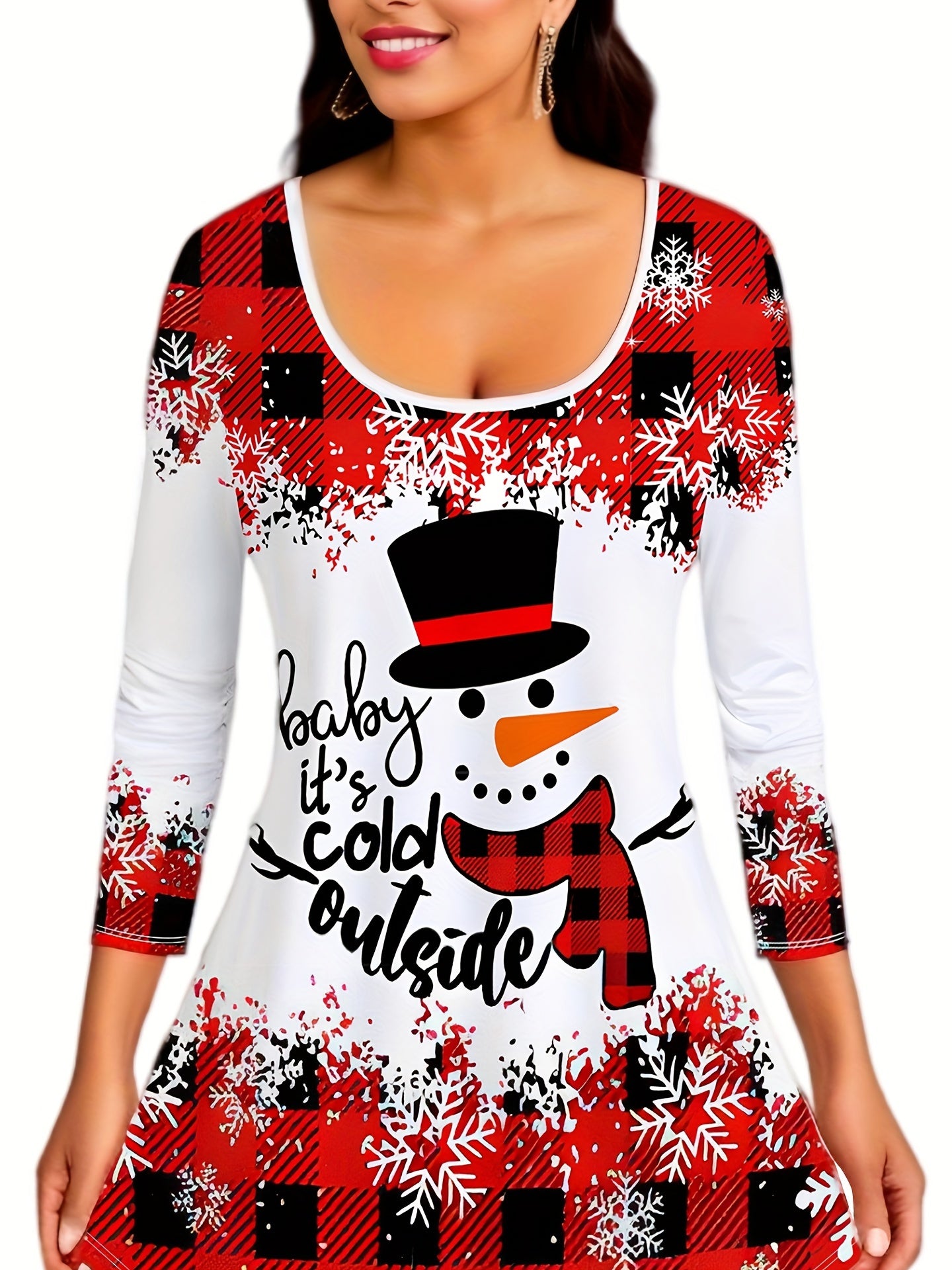 Women's Plus Size Christmas Outfit Set - Gingham & Snowman Print Top