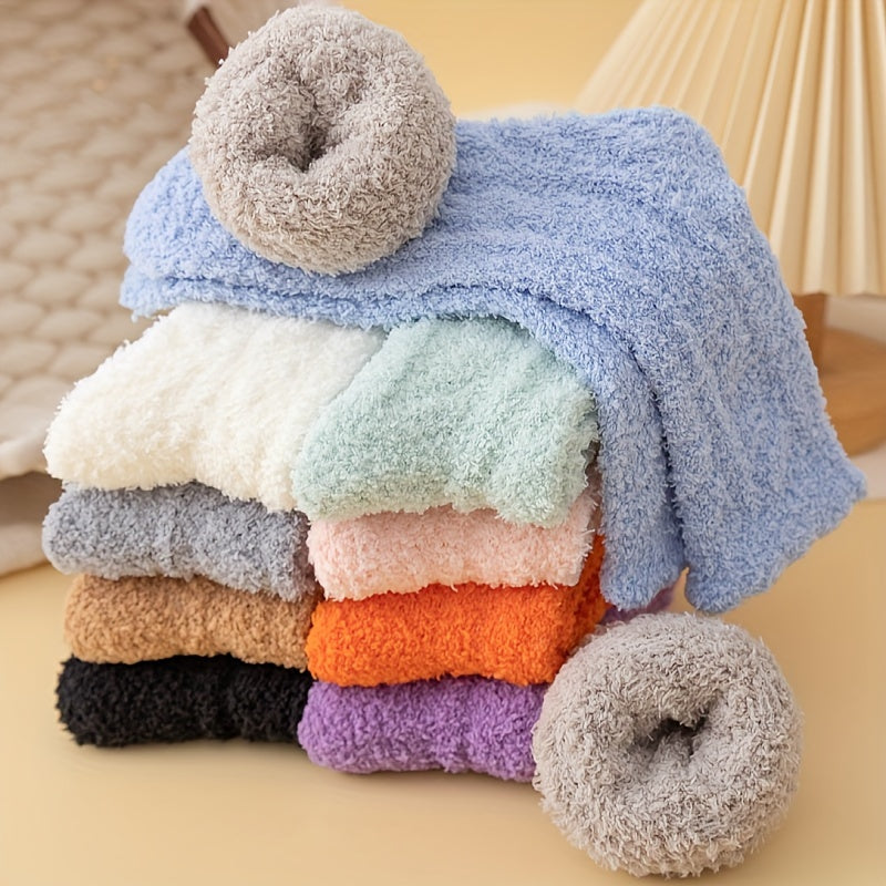6 Pairs Solid Fuzzy Socks Comfy & Warm Mid Tube Women's Stockings