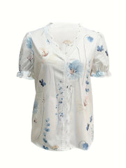  Floral Print Lace Panel Puff Sleeve V Neck Top