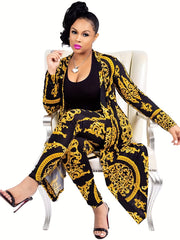 Floral Print Two Piece Set Long Sleeve Coat & Pants Outfit
