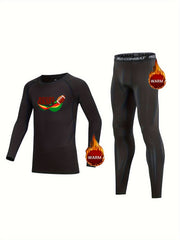 Kids Compression Fleece Set Cartoon Football Pattern Crew Neck Pullover & Pants