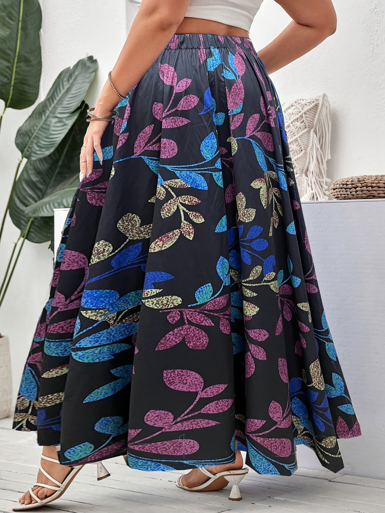  Leaf Print Elastic Waist Maxi Skirt