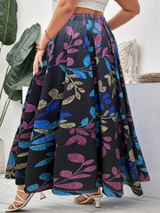 Leaf Print Elastic Waist Maxi Skirt