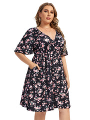  Floral Print V Neck Stretch Dress
