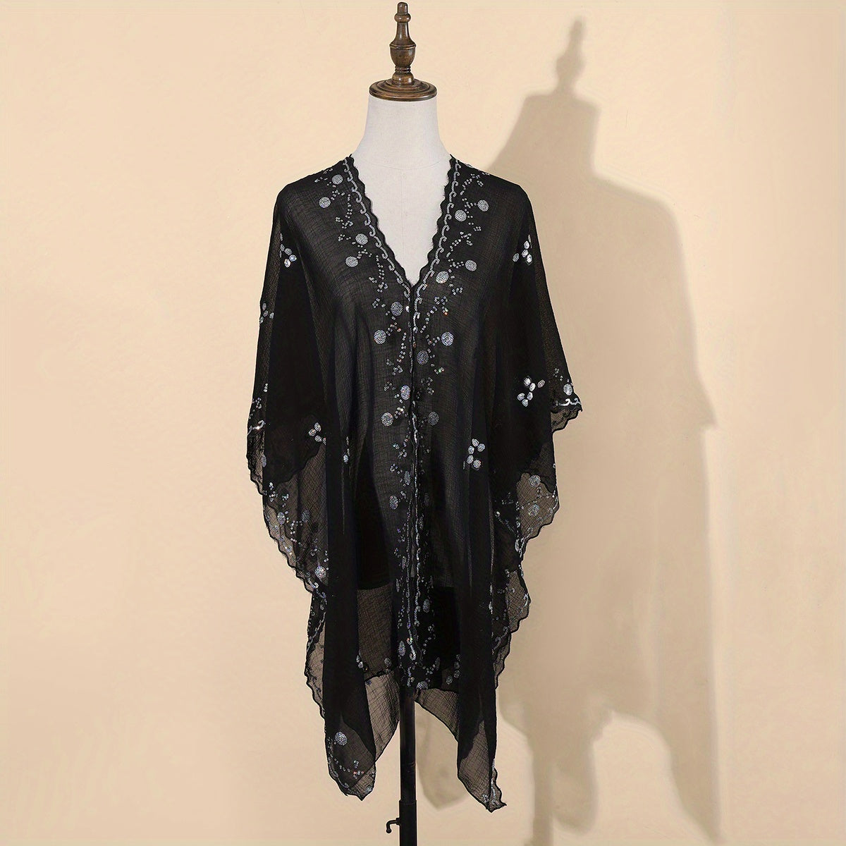 Sequin Chiffon Shawl Vintage Thin Long Wrap Sunscreen Cap